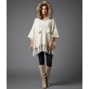 Tommy Hilfiger Cable Knit Poncho Sweater Faux Fur Trim Hooded Fringe Hem Onesize